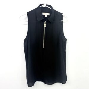 MICHAEL Michael Kors Black Semi Sheer Collared Gold  Half Zip Sleeveless Blouse